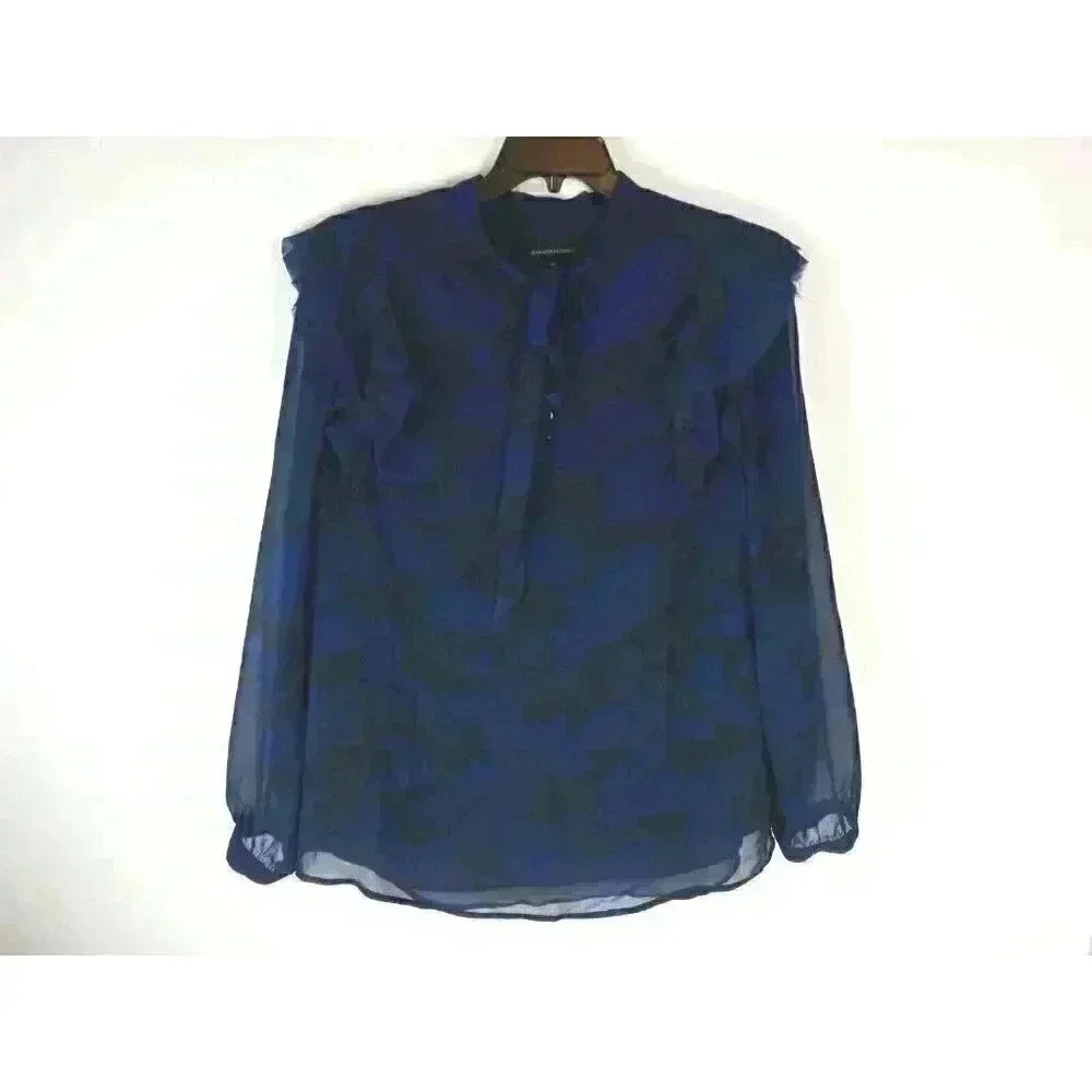 Banana Republic Long Sleeve Blue Camo Shoulder Tie Neck Ruffle Top Size XL